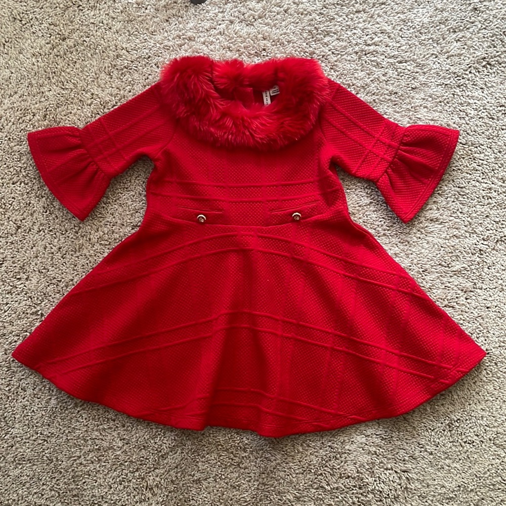Janie and Jack Red Faux Fur Collar Jacquard Dress 2T